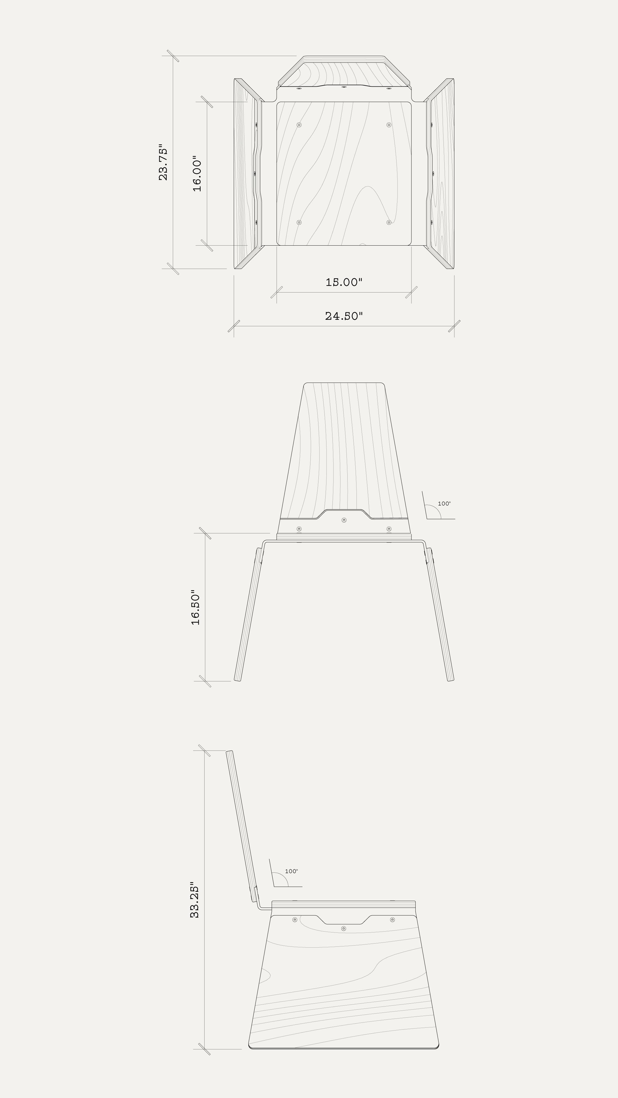 100_D_CHAIR plan, front and side views with dimensions